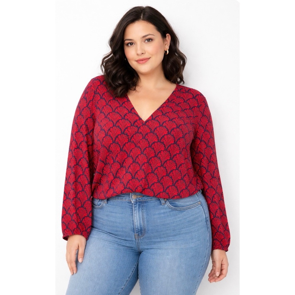 NWT BODEN | Blossomy V-Neck Long Sleeve Red Fan Print Peplum Back Top Sz. 20-22